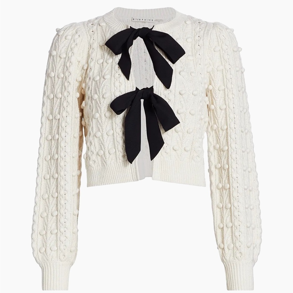 Alice + Olivia Kitty Puff-Sleeve Cardigan Size XS Oversized Cream White Black